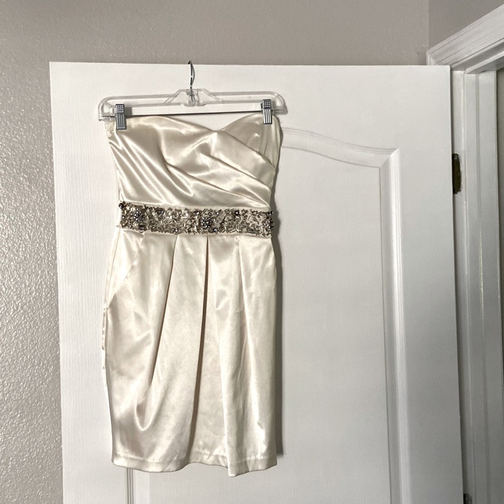 B.Darling beige strapless cocktail dress.has been worn .